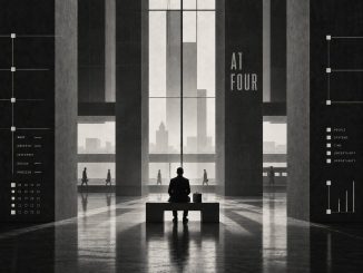 Black-and-white image of a solitary figure waiting in a modernist terminal.