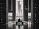 Black-and-white image of a solitary figure waiting in a modernist terminal.
