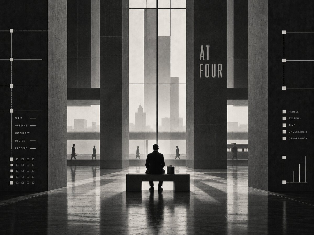 Black-and-white image of a solitary figure waiting in a modernist terminal.