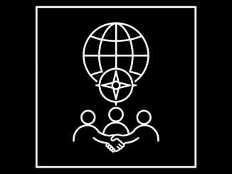 White line icon of a globe, compass and human alliance on a black background, representing international relations and strategy.