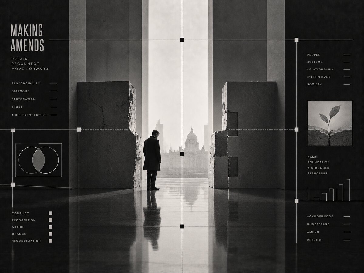 Black-and-white architectural image representing fracture, repair and reconnection.