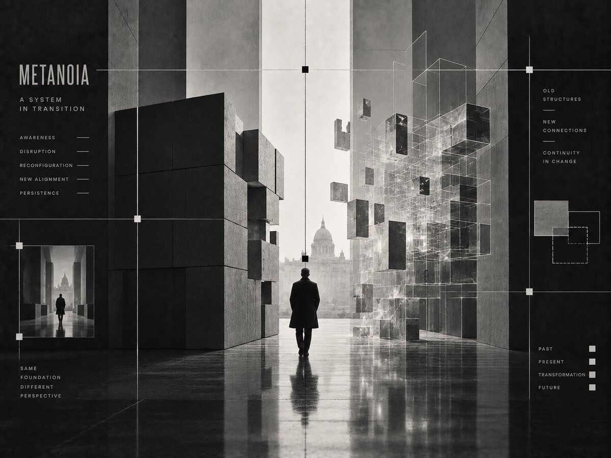 Black-and-white conceptual image of rigid structures transforming into a new geometric configuration.