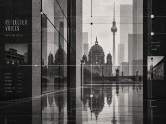 Black-and-white Berlin cityscape with reflections and systemic graphic elements.