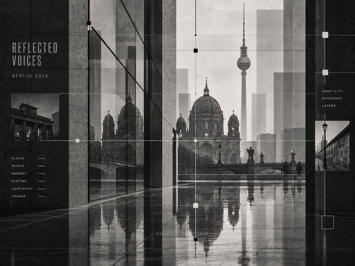 Black-and-white Berlin cityscape with reflections and systemic graphic elements.