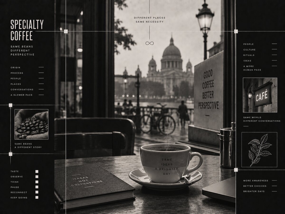 Black-and-white café scene centred on a cup of specialty coffee and its surrounding ritual.
