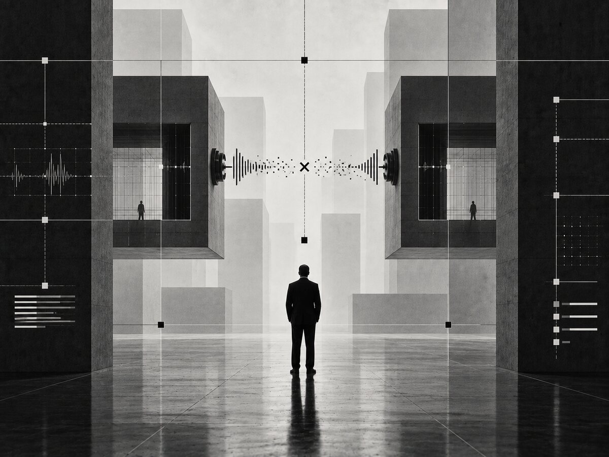 Black-and-white conceptual image of separated structures representing silence, absence and interrupted communication.