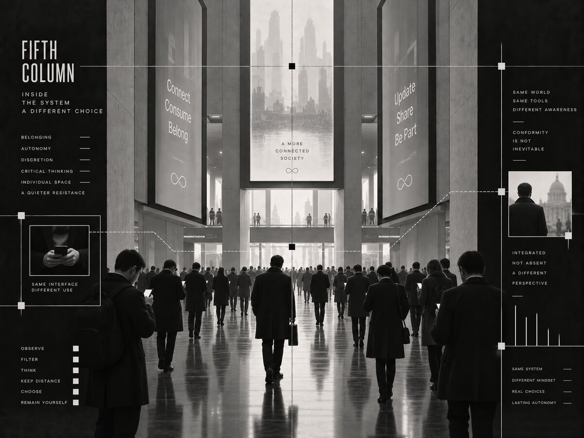 Black-and-white image of a crowd using mobile phones with one figure behaving independently.