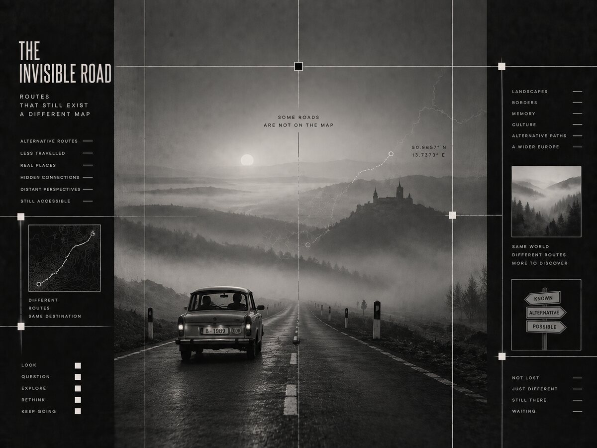 Black-and-white image of a Trabant travelling along a foggy mountain road.