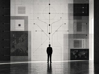 Black-and-white conceptual image representing systems, observation and internal functional structures.