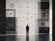 Black-and-white conceptual image representing systems, observation and internal functional structures.