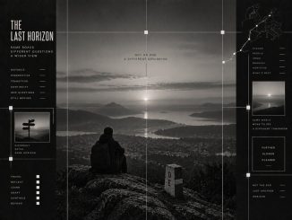 Black-and-white landscape with a solitary figure looking toward a distant horizon.