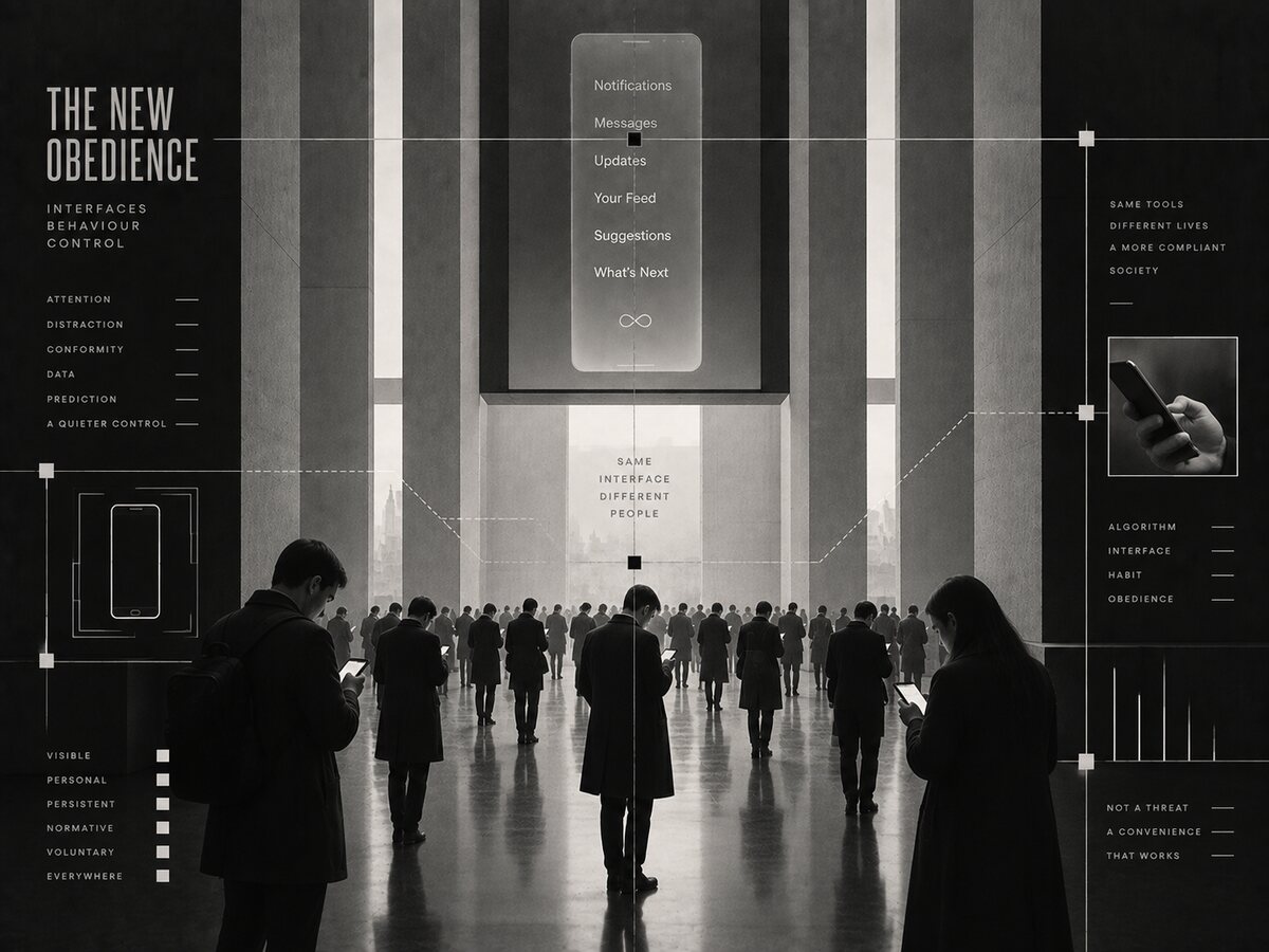 Black-and-white image of a crowd looking at mobile phones beneath a dominant digital interface.