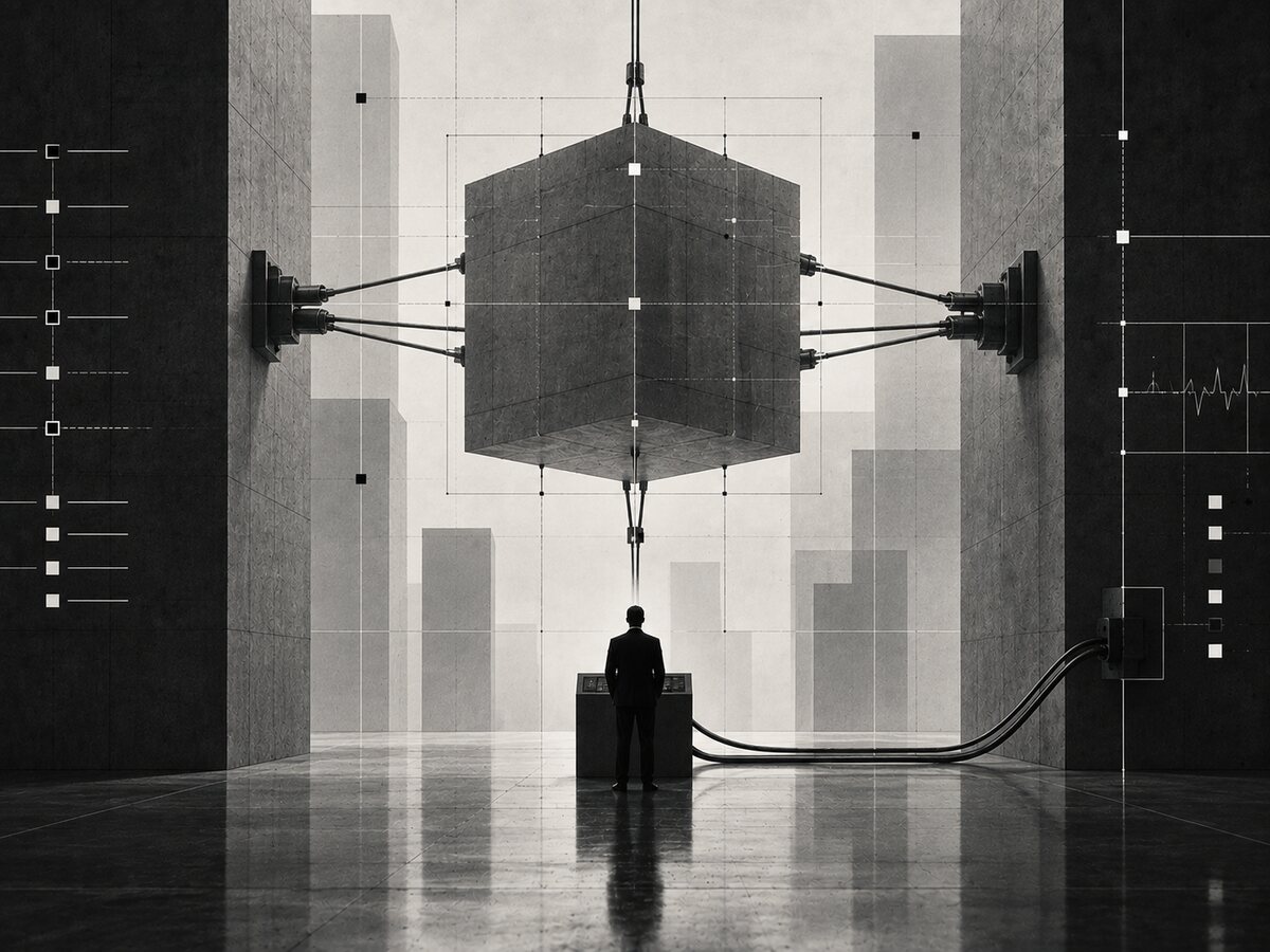Black-and-white image of a suspended structure representing stabilization, regulation and relational function.
