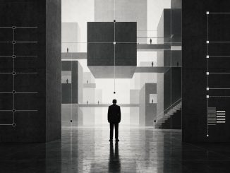 Black-and-white conceptual image representing systems, observation and internal functional structures.