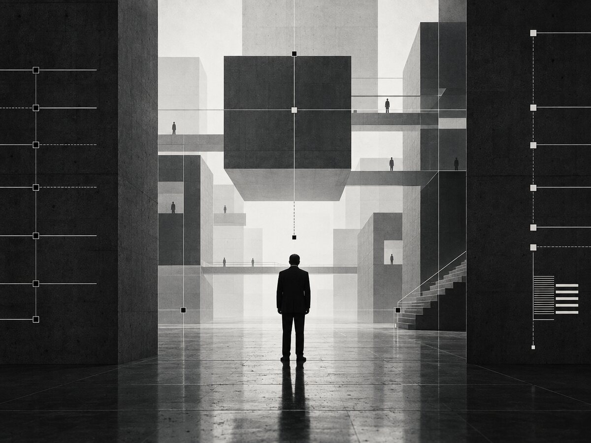 Black-and-white conceptual image representing systems, observation and internal functional structures.