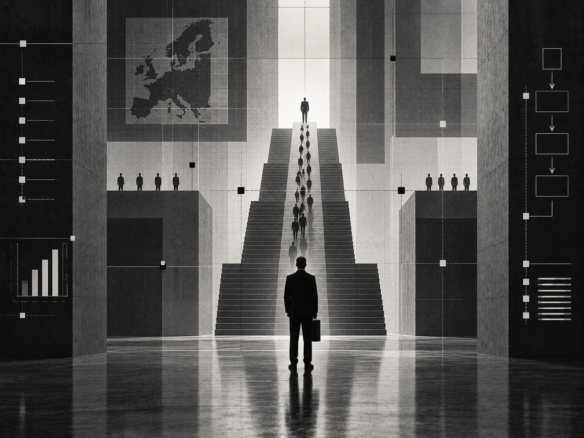 Black-and-white architectural image of a monumental threshold and staircase representing observation and transition.