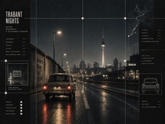 Black-and-white night scene of a Trabant travelling through Berlin toward the television tower.