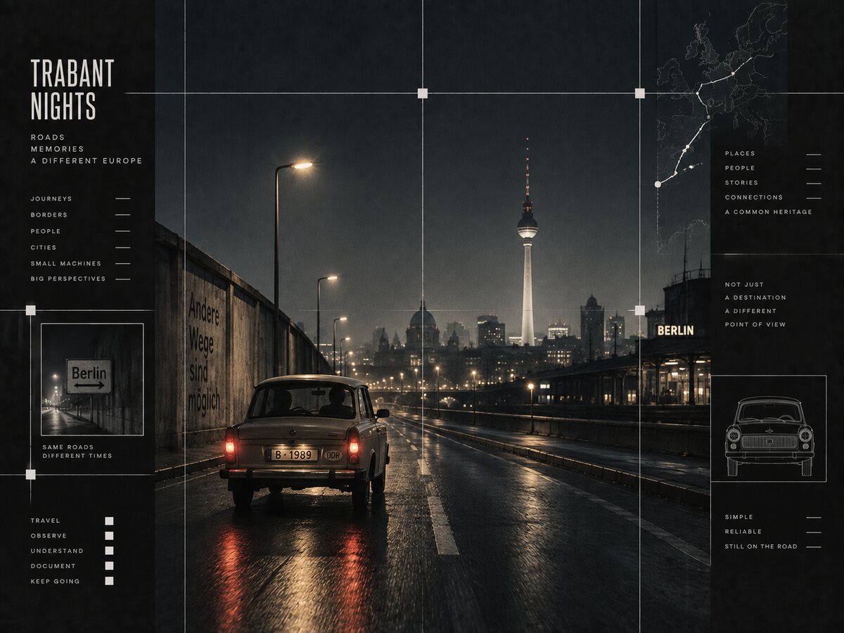 Black-and-white night scene of a Trabant travelling through Berlin toward the television tower.