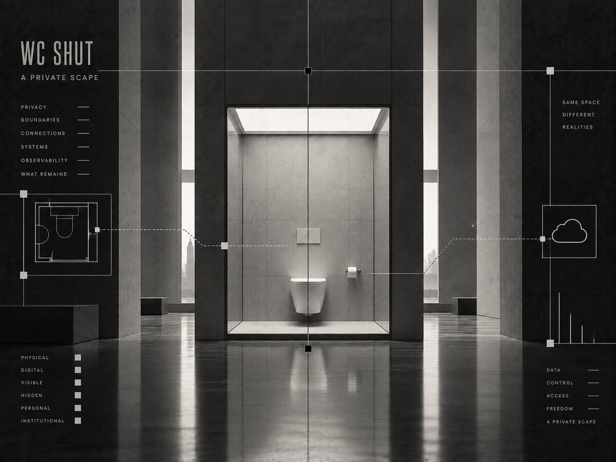 Black-and-white conceptual image of a toilet within an architectural enclosure representing privacy and communication boundaries.